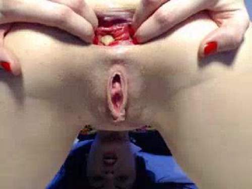 Extremely size gape and prolapse closeup stretching webcam