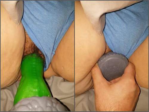 Hairy wife gets bad dragon dildo in pussy – unique amateur pov porn