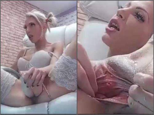 Dildo porn – Webcam skinny blonde little anal gape stretching with two dildos