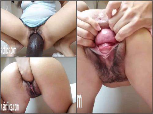 Solo fisting – Amazing hairy pussy pornstar BBC dildo and fist penetration inside